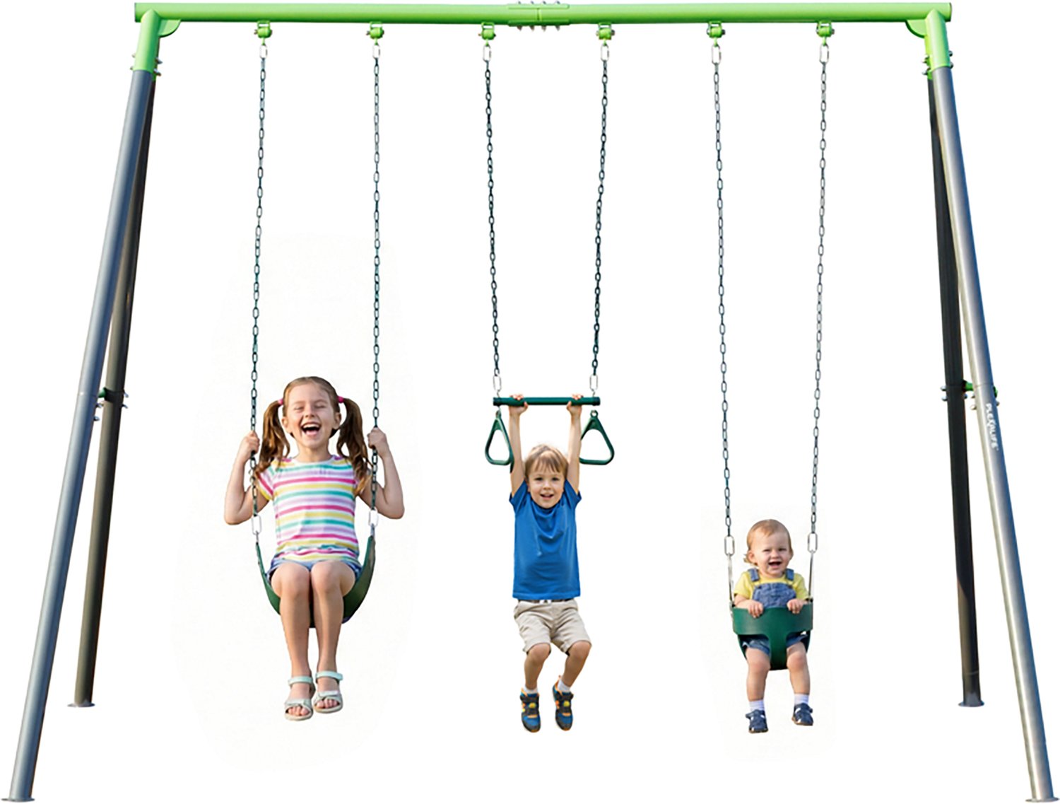 Plexalife 9-FT Heavy-Duty Metal Swing Set w/ Toddler Bucket Swing, Belt Swing, and Trapeze Bar