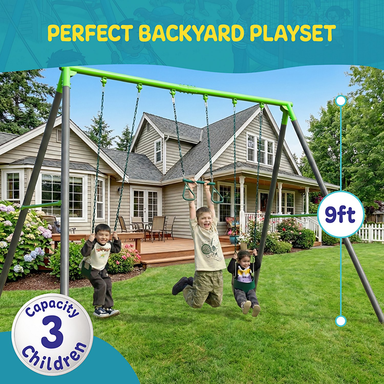 Plexalife 9-FT Heavy-Duty Metal Swing Set w/ Toddler Bucket Swing, Belt Swing, and Trapeze Bar - view number 3