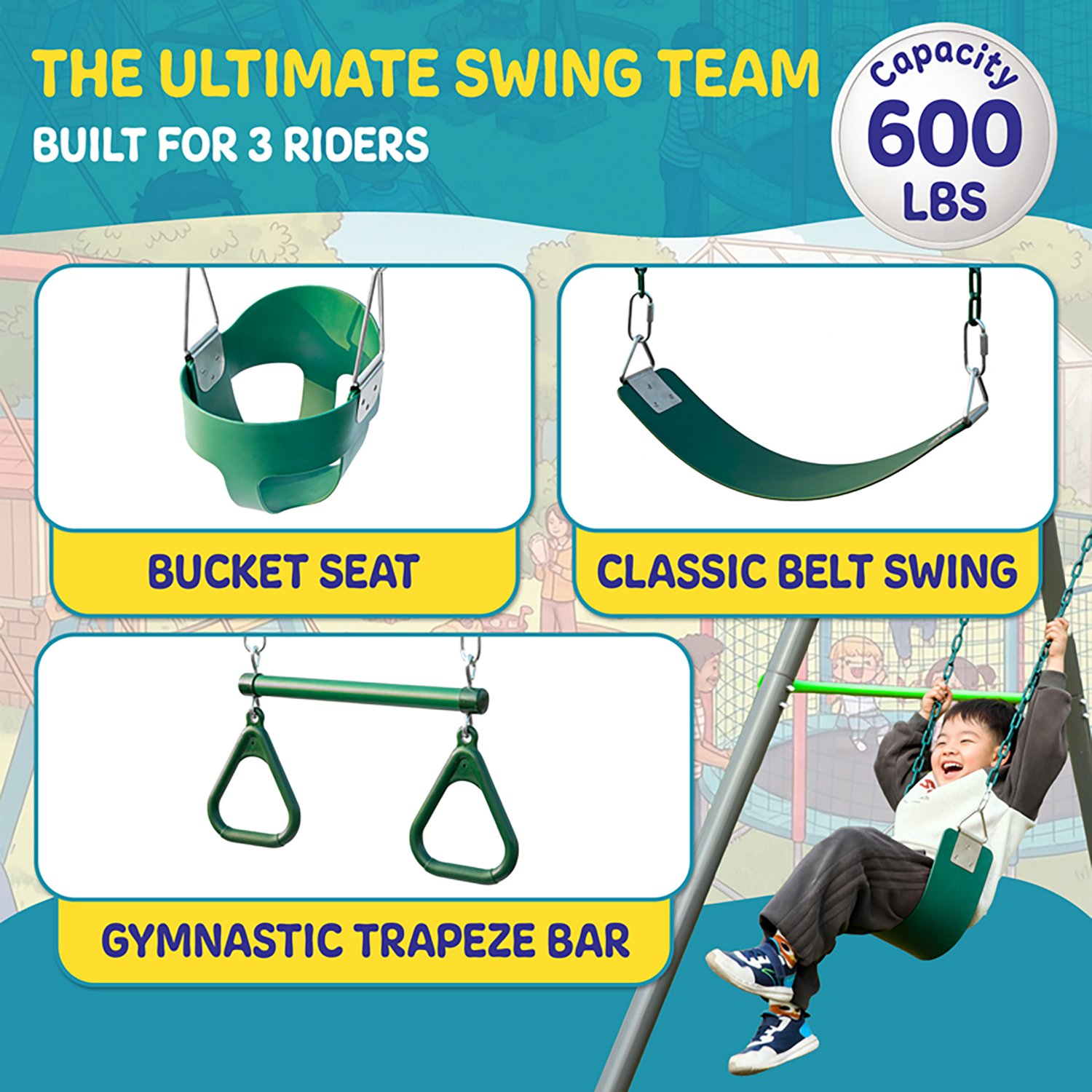 Plexalife 9-FT Heavy-Duty Metal Swing Set w/ Toddler Bucket Swing, Belt Swing, and Trapeze Bar - view number 6