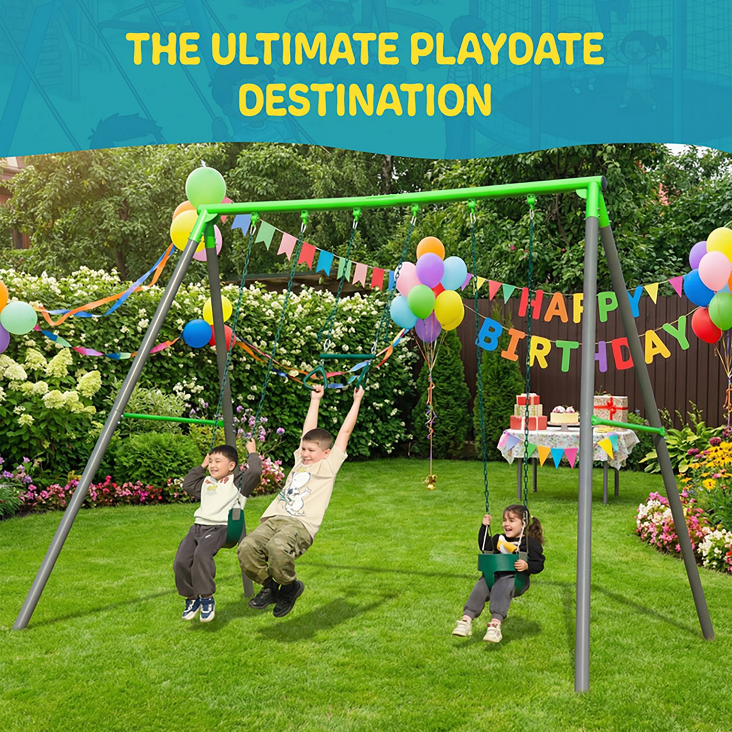 Plexalife 9-FT Heavy-Duty Metal Swing Set w/ Toddler Bucket Swing, Belt Swing, and Trapeze Bar - view number 7