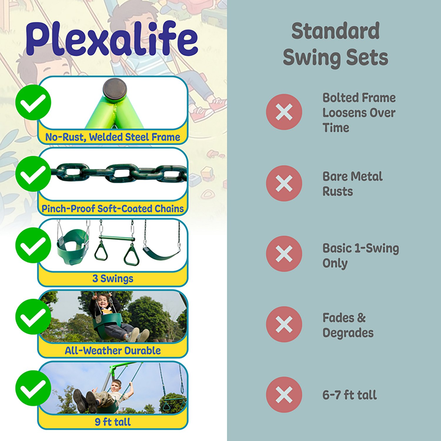 Plexalife 9-FT Heavy-Duty Metal Swing Set w/ Toddler Bucket Swing, Belt Swing, and Trapeze Bar - view number 8