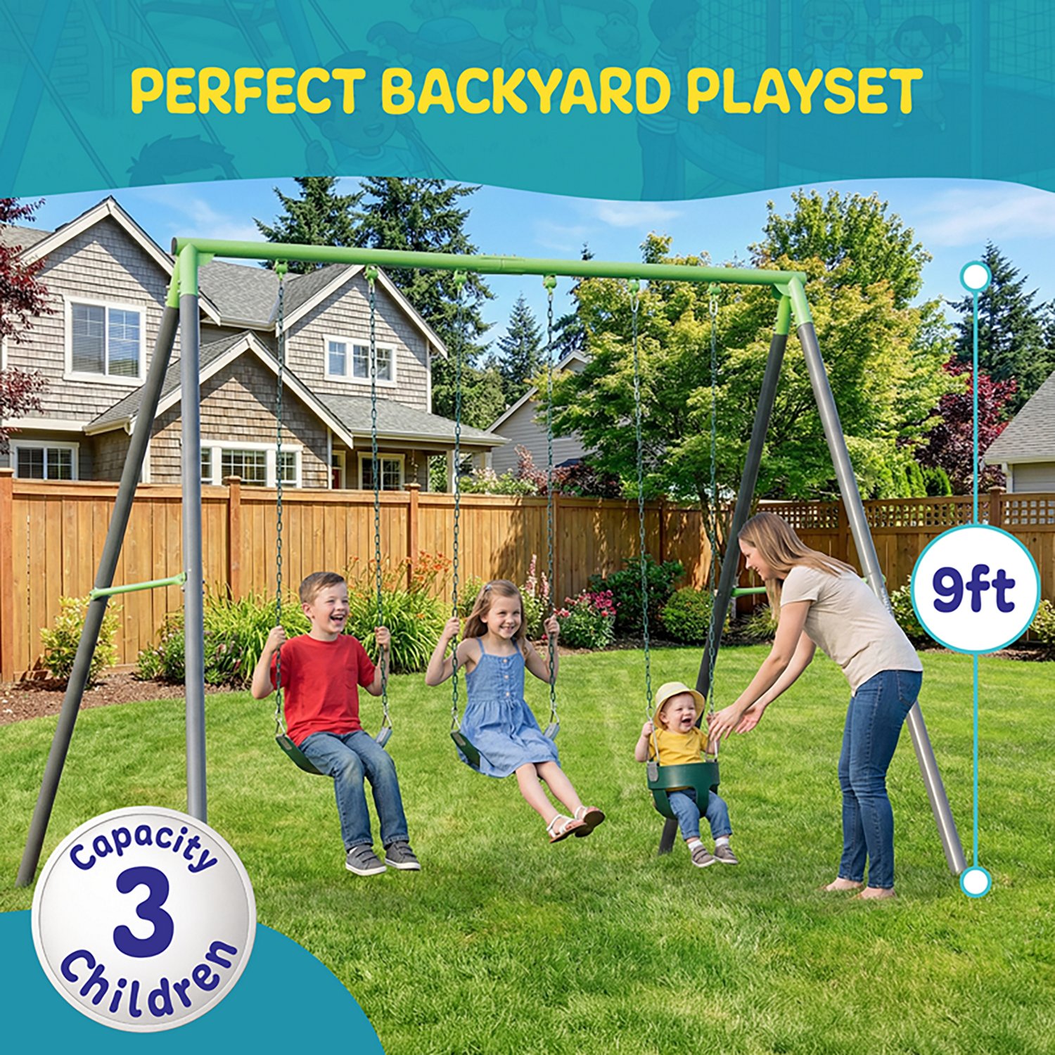 Plexalife 9-FT Heavy-Duty Metal Swing Set w/ Toddler Bucket Swing and 2 Belt Swings - view number 3