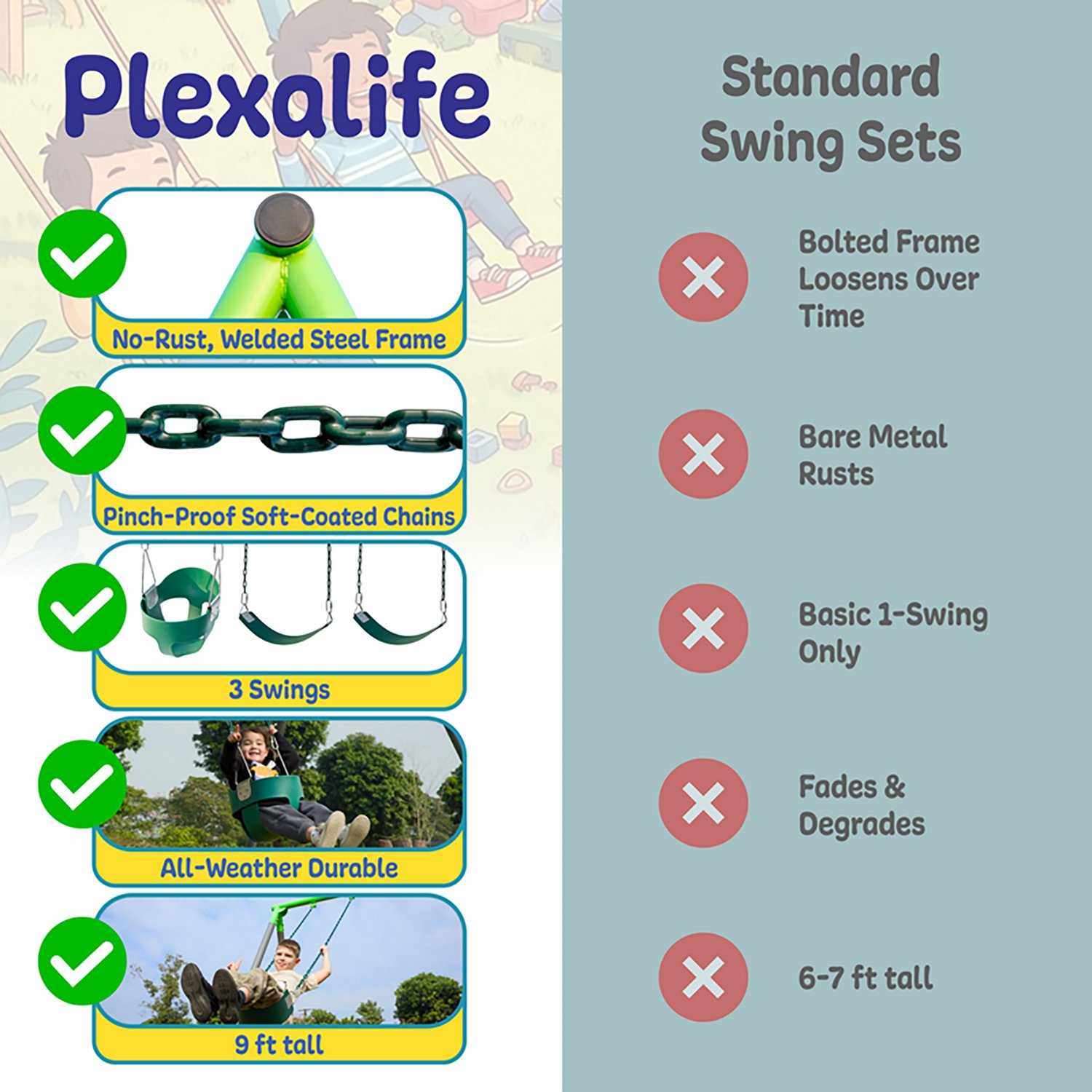 Plexalife 9-FT Heavy-Duty Metal Swing Set w/ Toddler Bucket Swing and 2 Belt Swings - view number 8
