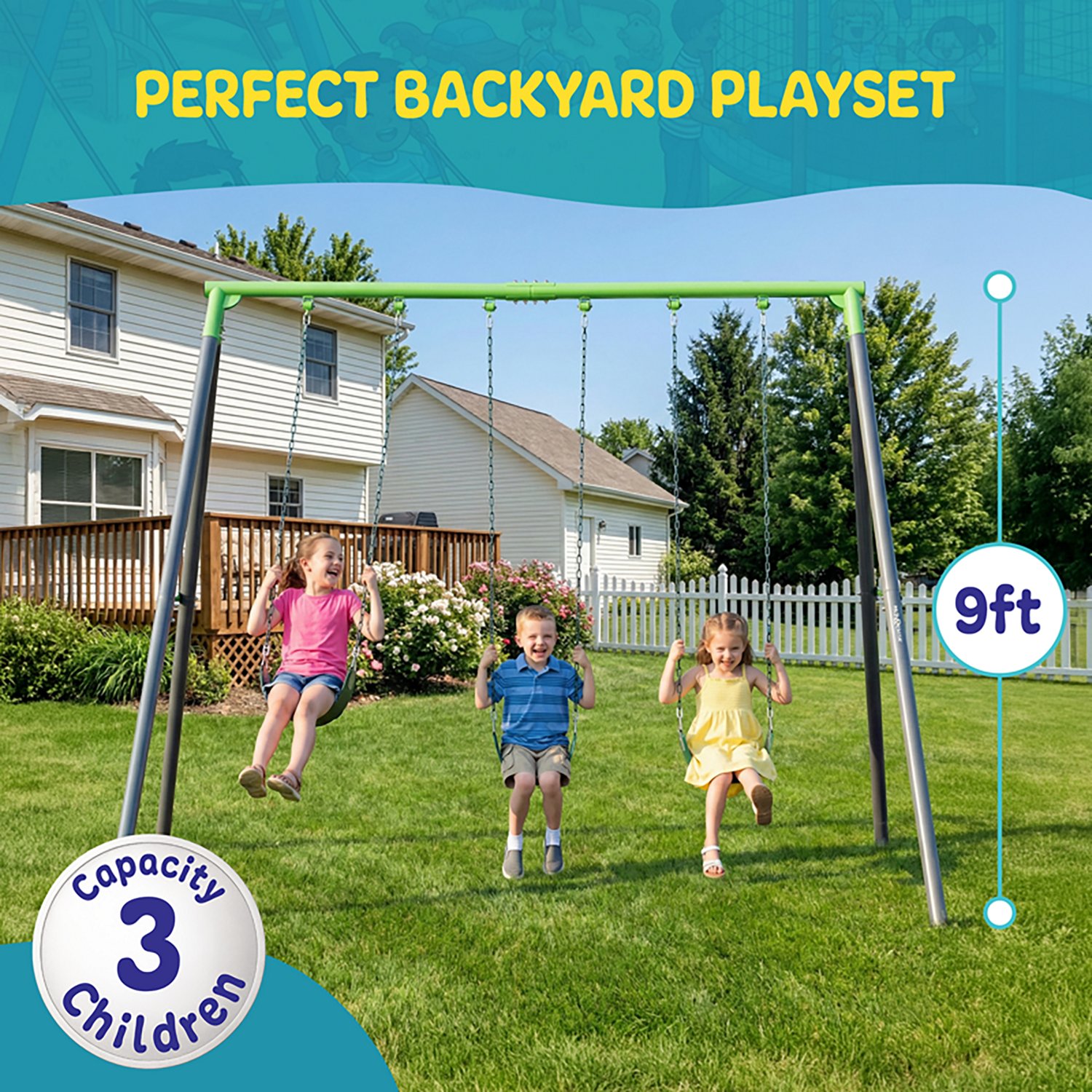 Plexalife 9-FT Heavy-Duty Metal Swing Set  w/ 3-Belt Swings