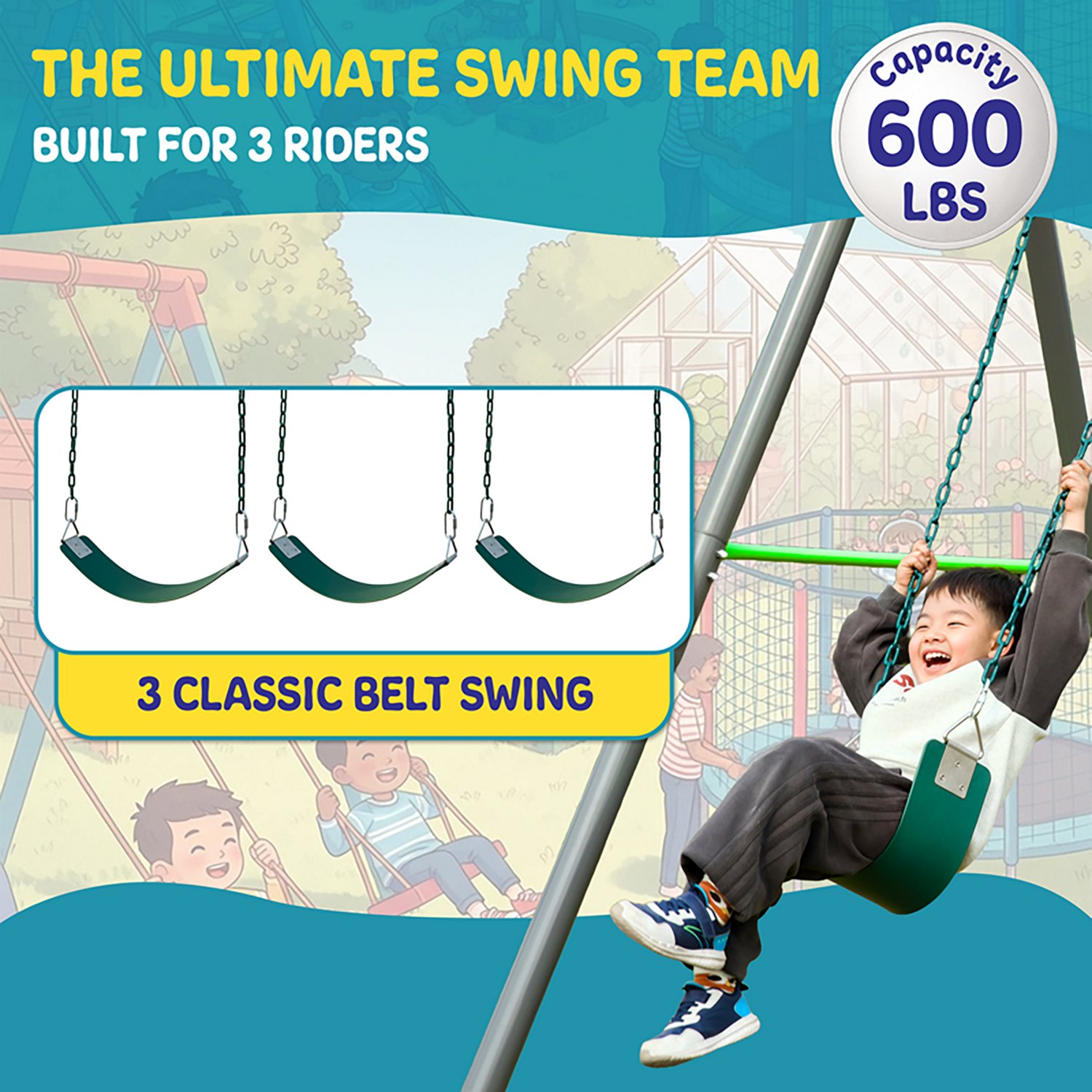 Plexalife 9-FT Heavy-Duty Metal Swing Set  w/ 3-Belt Swings