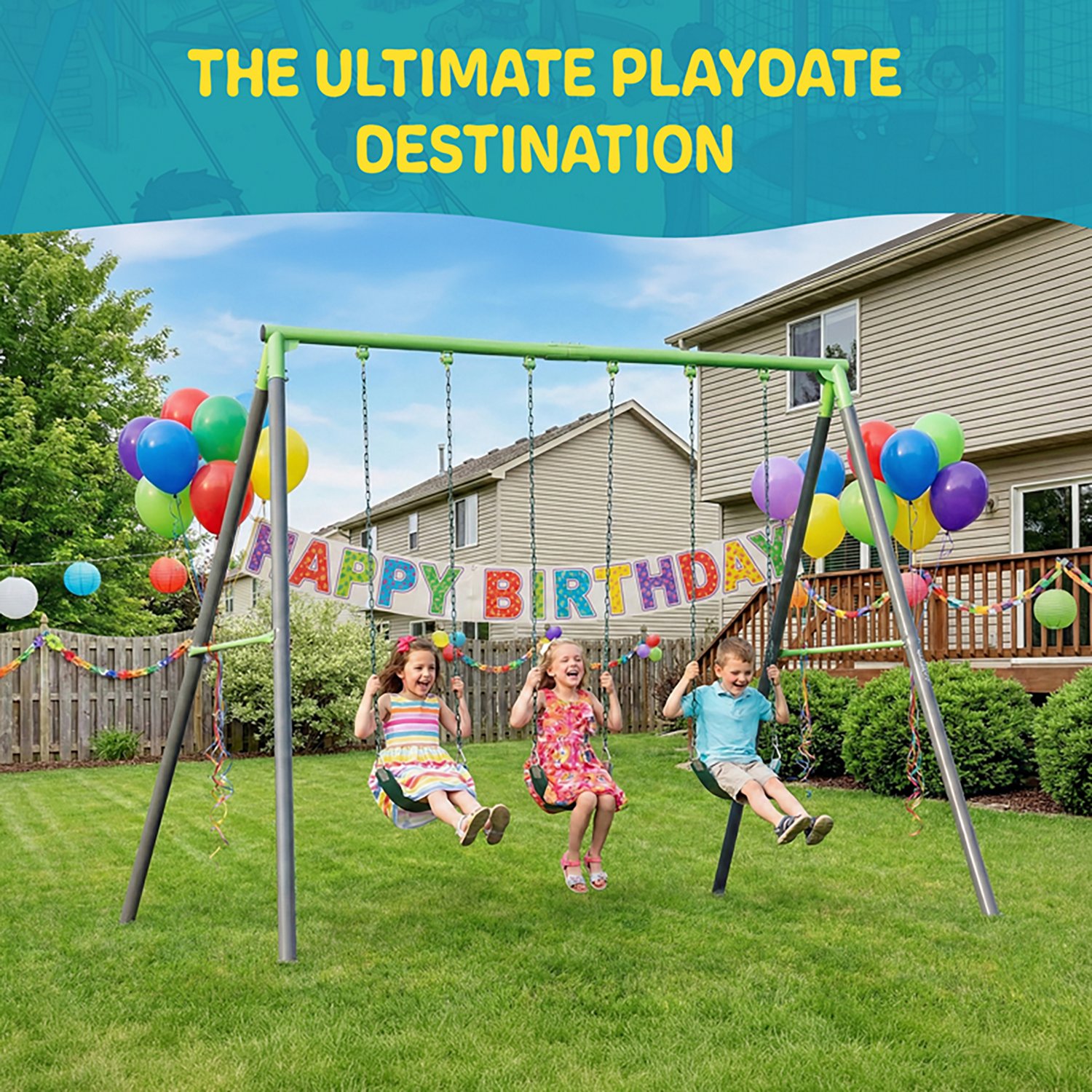 Plexalife 9-FT Heavy-Duty Metal Swing Set  w/ 3-Belt Swings