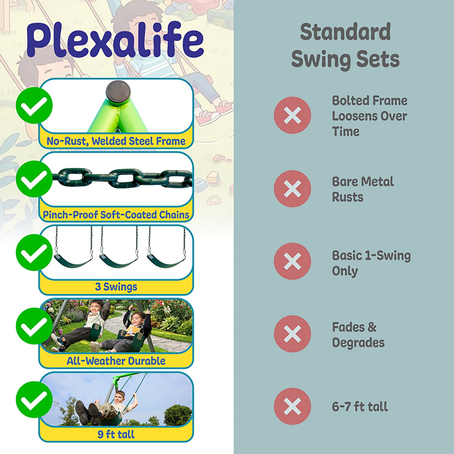 Plexalife 9-FT Heavy-Duty Metal Swing Set  w/ 3-Belt Swings