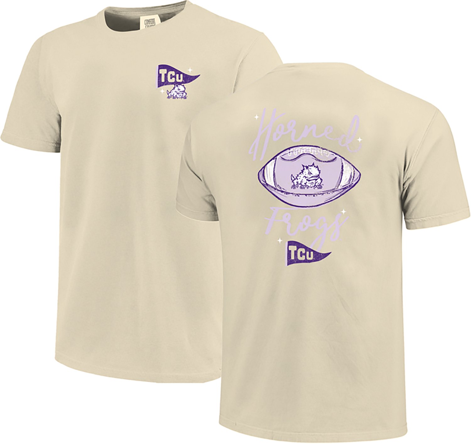 Image One Women's TCU Horned Frogs Football Sketch Script Comfort Colors T-Shirt - view number 3