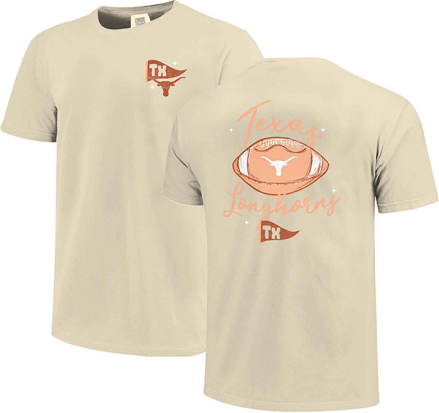 Image One Women's Texas Longhorns Football Sketch Script Comfort Colors T-Shirt - view number 3