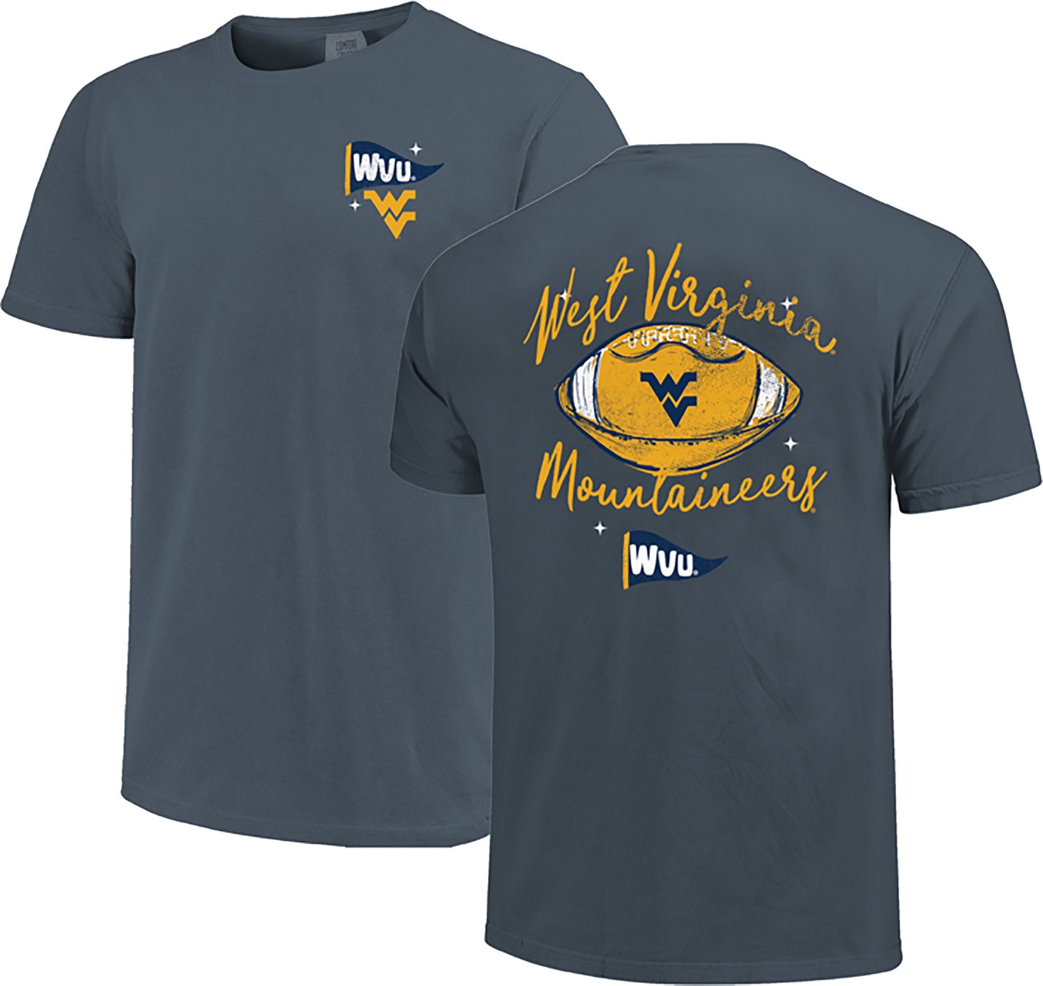 Image One Women's West Virginia Mountaineers Football Sketch Script Comfort Colors T-Shirt - view number 3