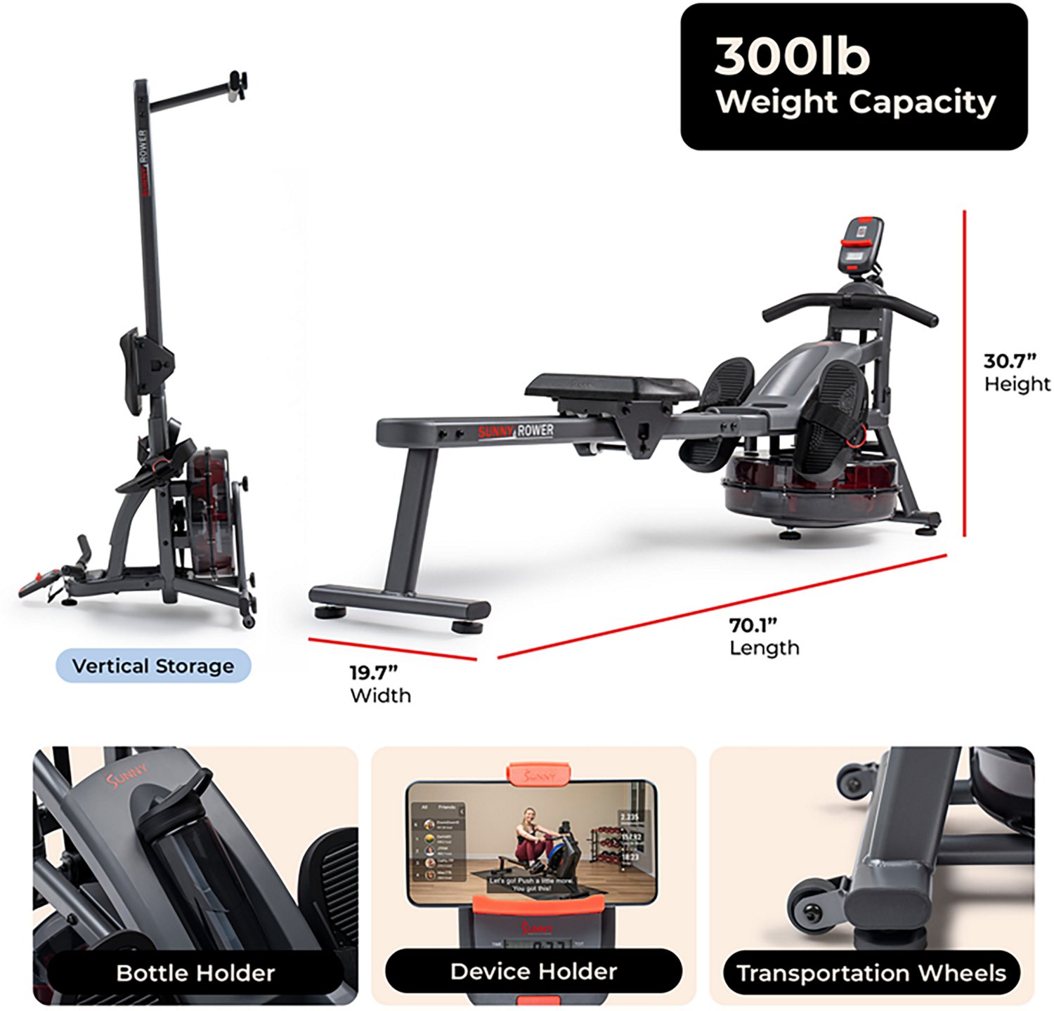 Sunny Health & Fitness Smart & Flippable Water Rower - view number 6