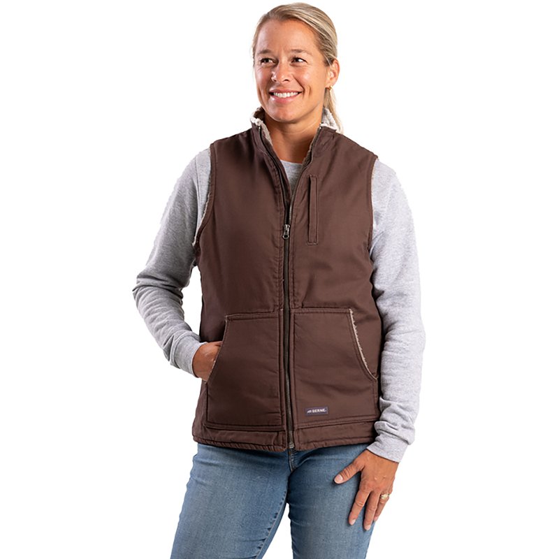 Berne Softstone Sherpa-Lined Duck Womens Midweight Fleece Vest, Medium, Brown