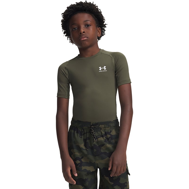 Under Armour Boys' HeatGear Armour Short Sleeve Shirt, XS, Marine Od Green/White