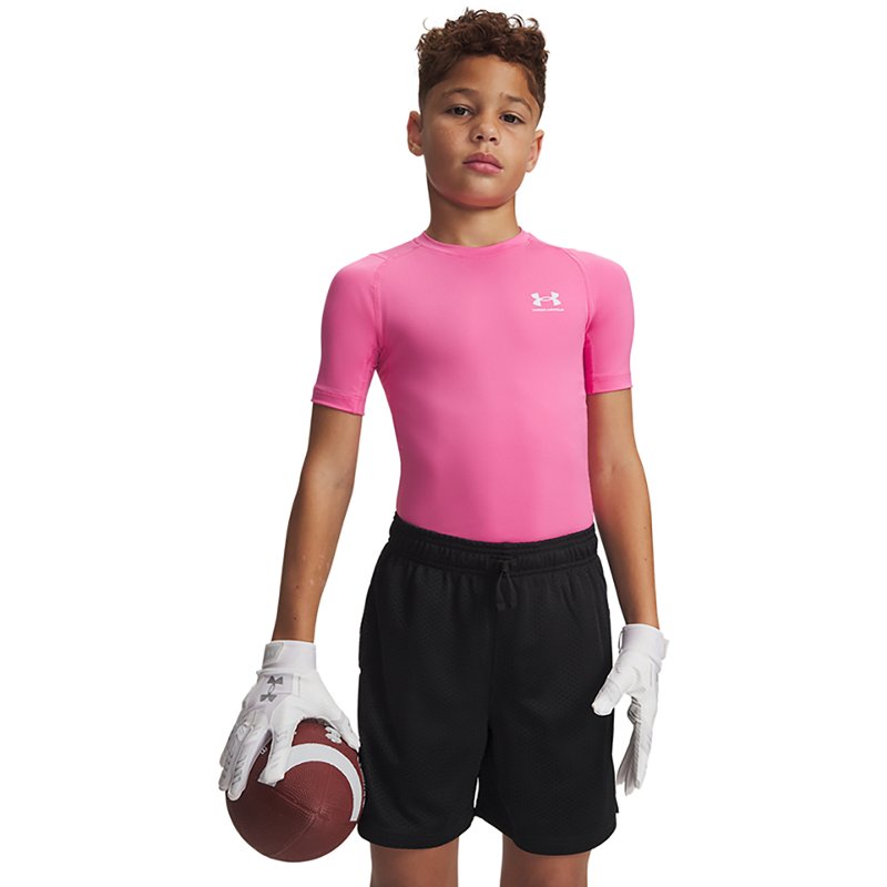 Under Armour Boys' HeatGear Armour Short Sleeve Shirt, XS, Pink Frenzy/White