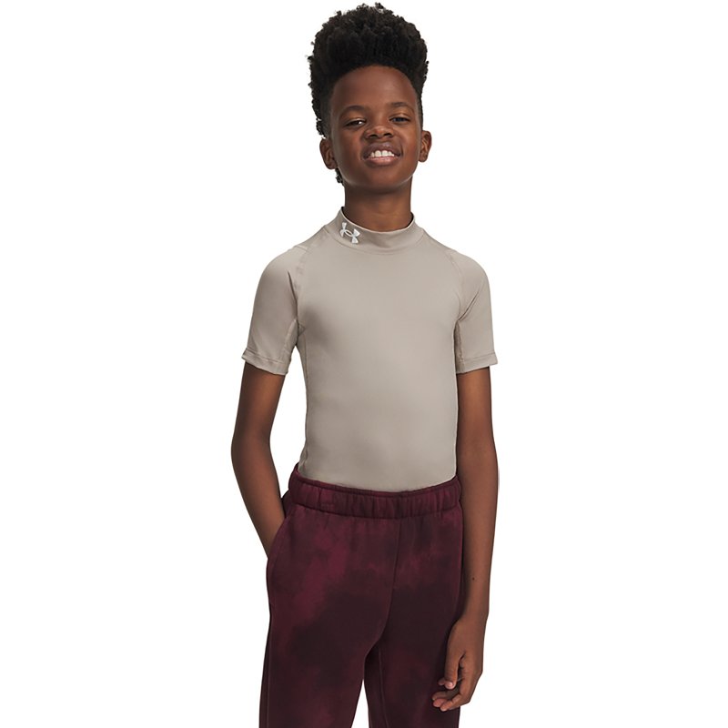 Under Armour Boys' HeatGear Mock Short Sleeve Shirt, XS, Timberwolf Taupe/White