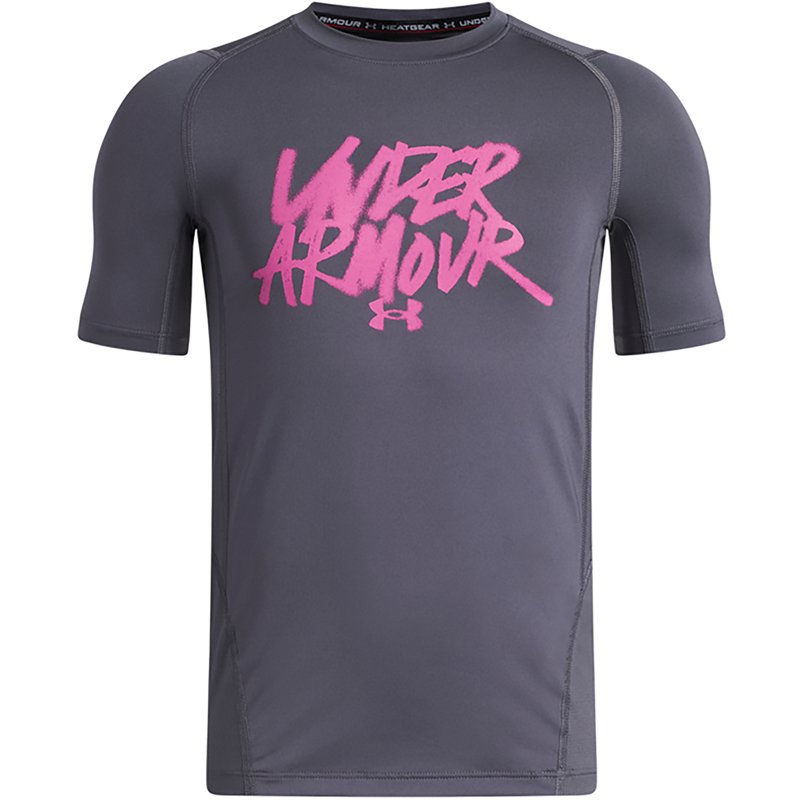 Under Armour Boys' HeatGear Armour Novelty Graphic Tee, XS, Castlerock/Pink Frenzy