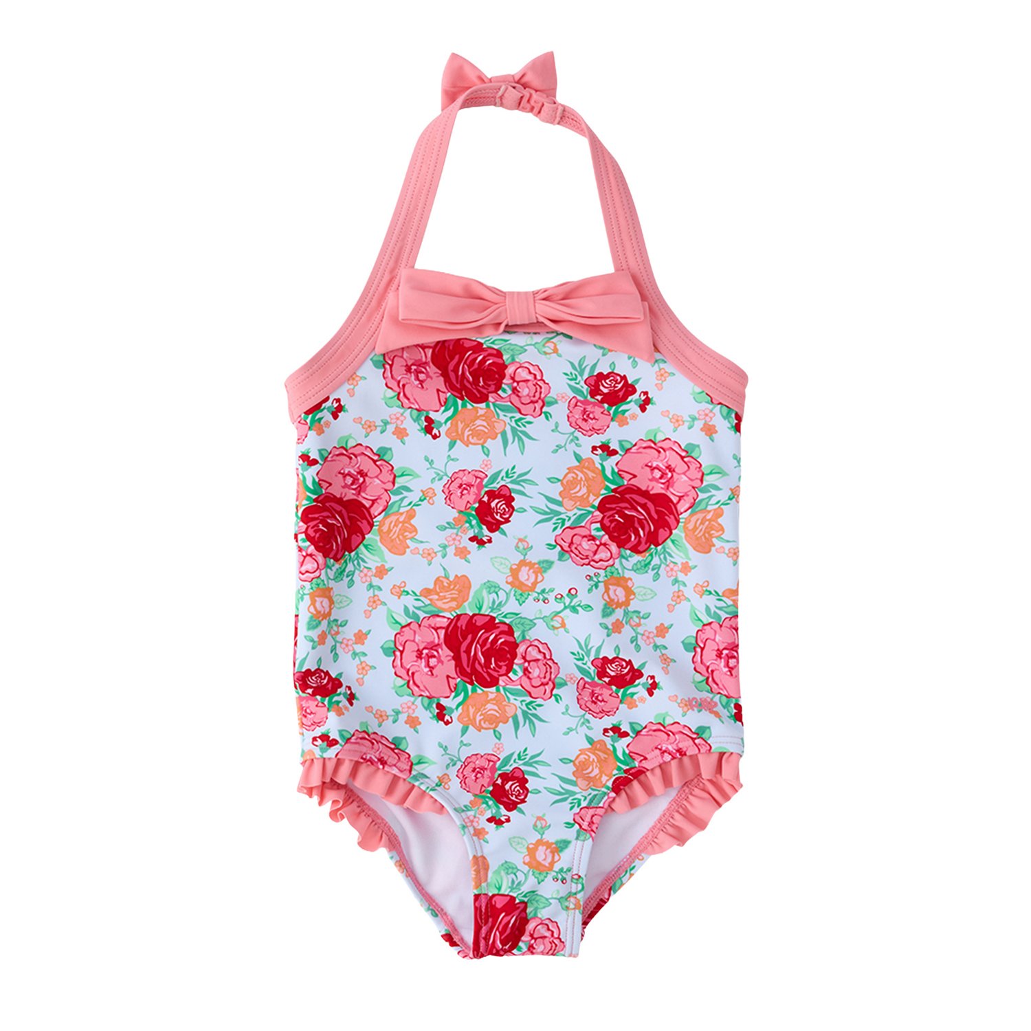 RuffleButts Girls’ Rosy Meadow Halter One Piece Swimsuit