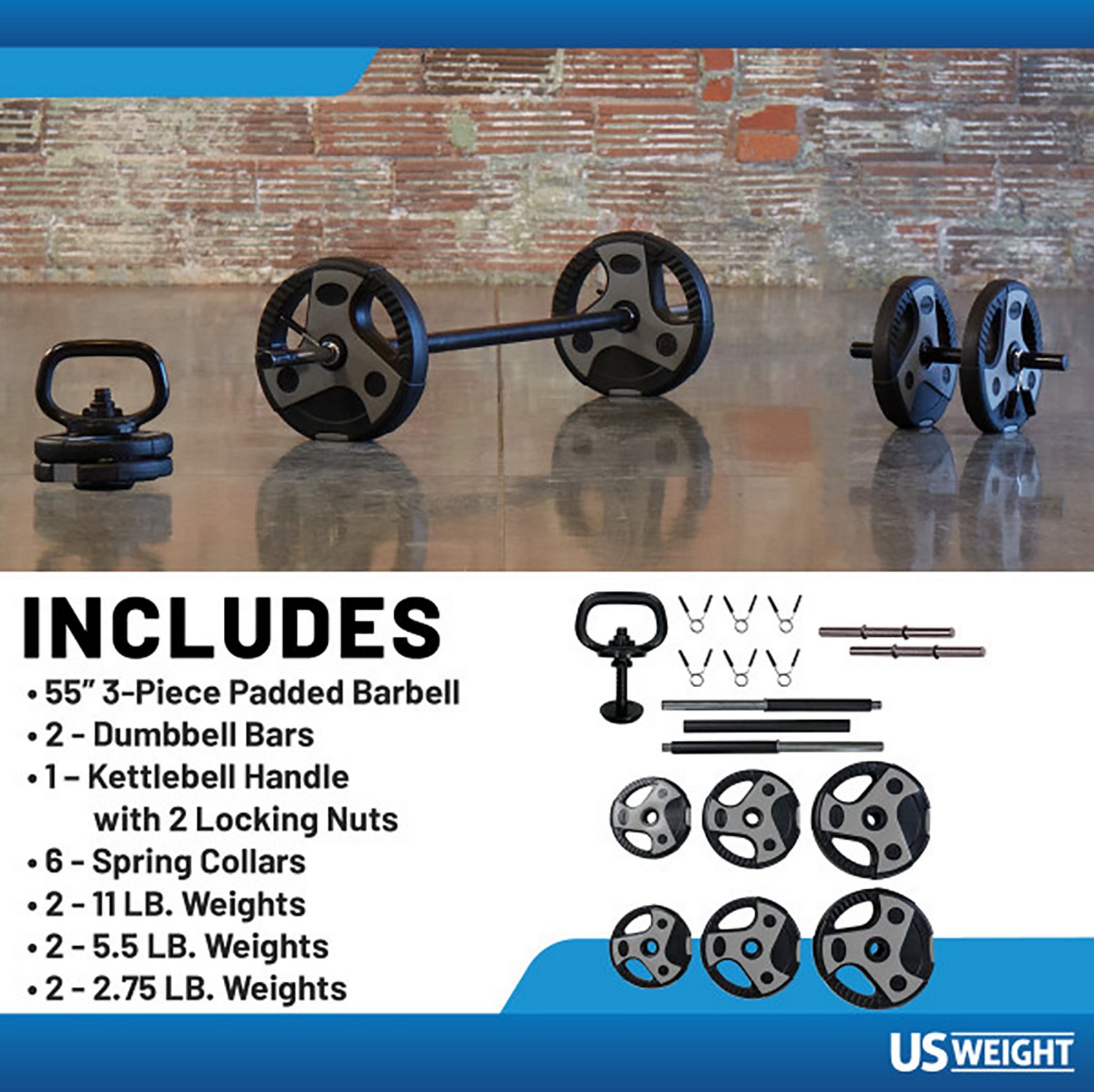 US Weight Adjustable 43 lb Weight Set With 55" Barbell