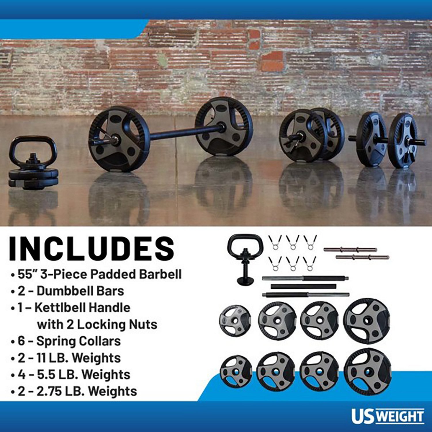 US Weight Adjustable 54 lb Weight Set With 55" Barbell- Grey - view number 3