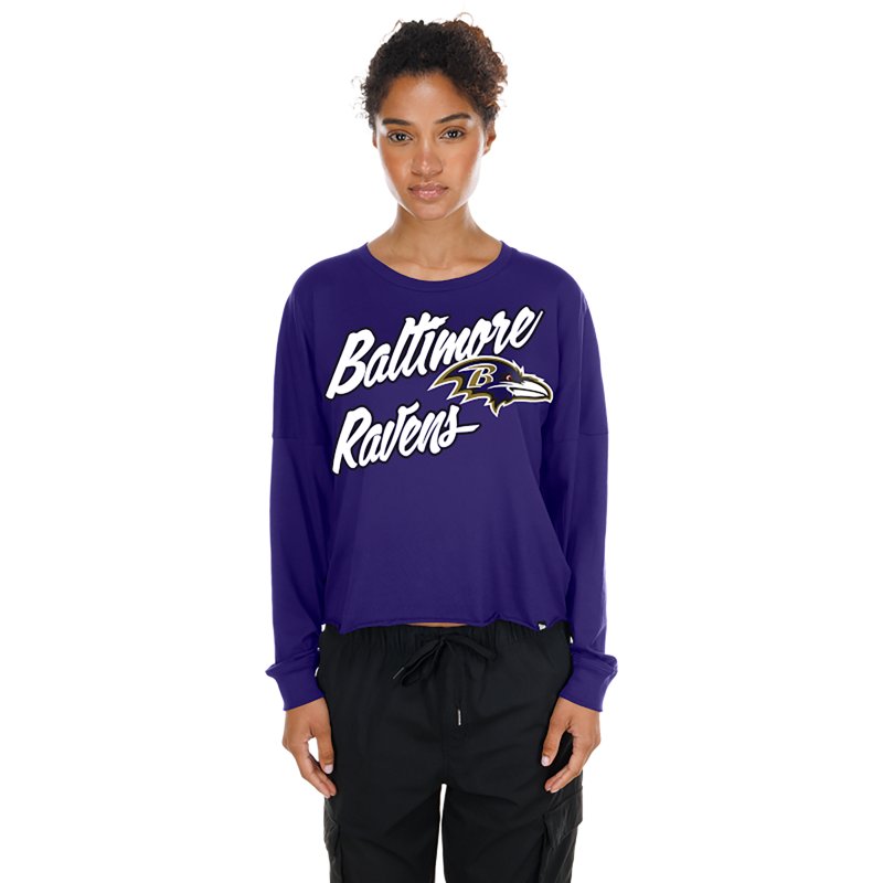 New Era Women's Purple Baltimore Ravens Cropped Oversized Long-Sleeve T-Shirt - Purple