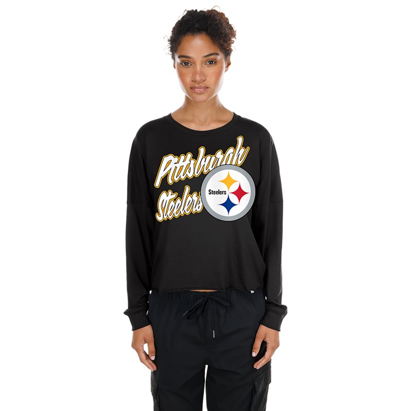 Women's New Era  Black Pittsburgh Steelers Cropped Oversized Long Sleeve T-Shirt