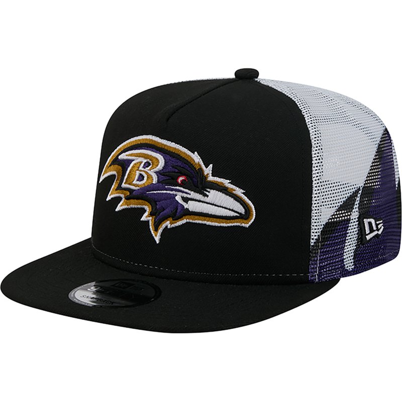 Men's New Era Black/Purple Baltimore Ravens Mesh A-Frame 9FIFTY Snapback Trucker Hat