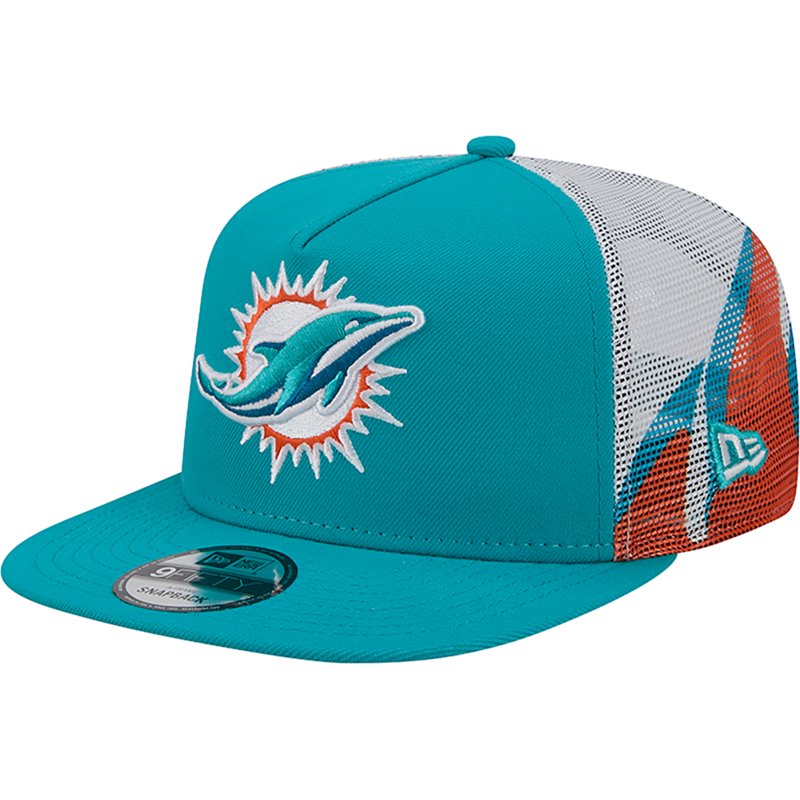 Men's New Era Aqua/Orange Miami Dolphins Mesh A-Frame 9FIFTY Snapback Trucker Hat