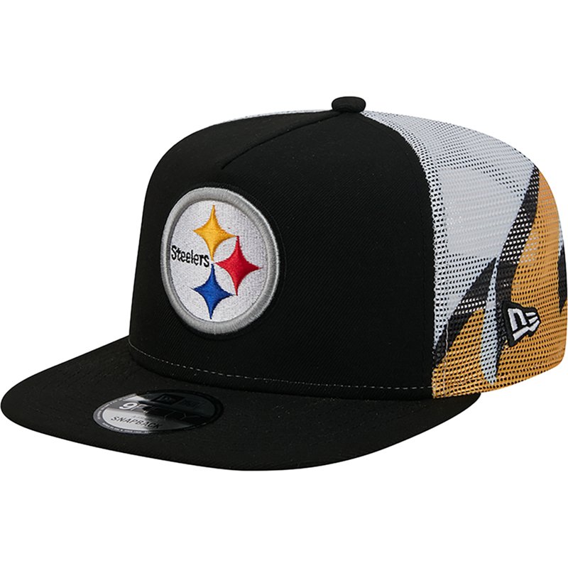 Men's New Era Black/Gold Pittsburgh Steelers Mesh A-Frame 9FIFTY Snapback Trucker Hat