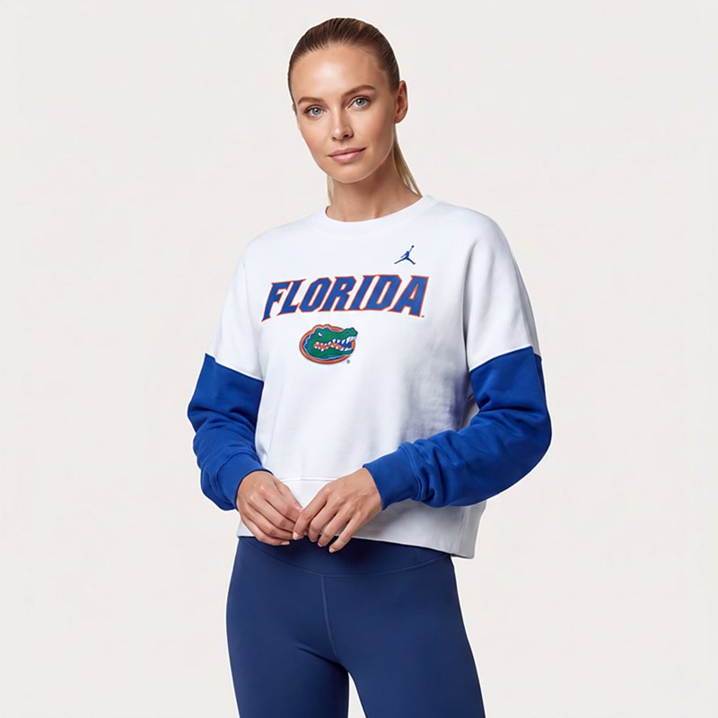 Jordan Women's White Florida Gators Color-Block Oversized Cropped Pullover Sweatshirt - White, Royal