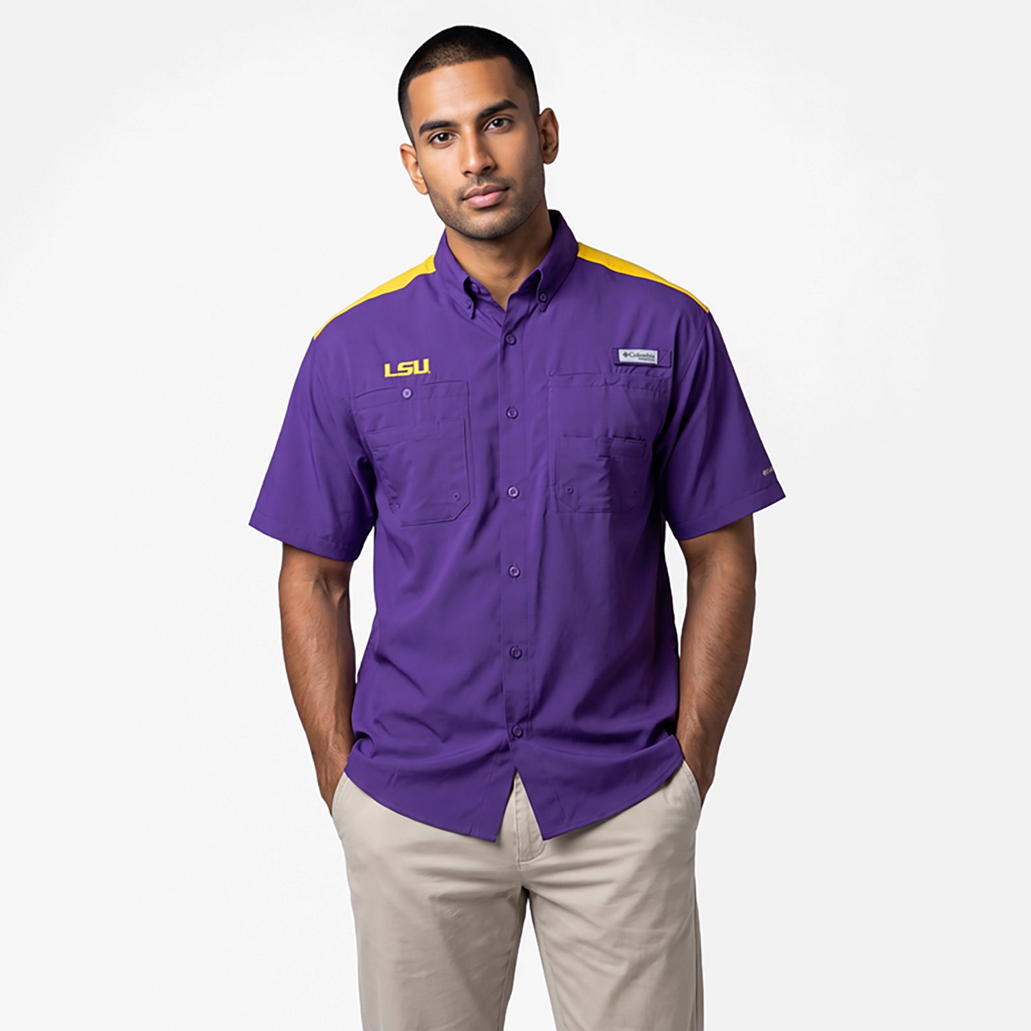 Columbia Sportswear Men's Louisiana State University CLG Tamiami Colorblock Button-Up Shirt