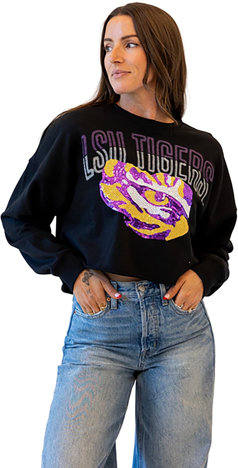 Gameday Social Women's Louisiana State University Starlite Sequin Cropped Long Sleeve Crew
