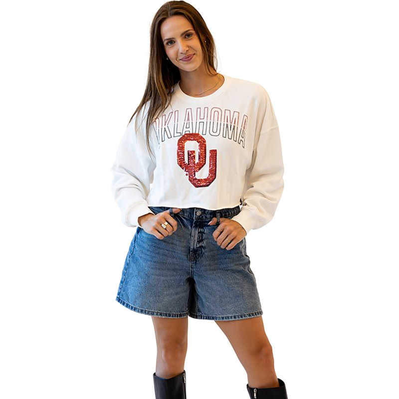 Gameday Social Women's University of Oklahoma Starlite Sequin Cropped Long Sleeve Crew