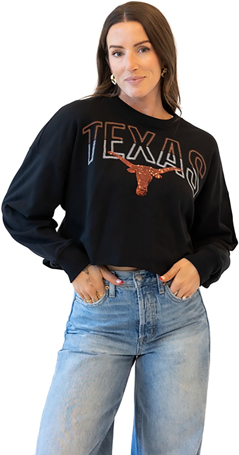 Gameday Social Women's University of Texas Starlite Sequin Cropped Long Sleeve Crew