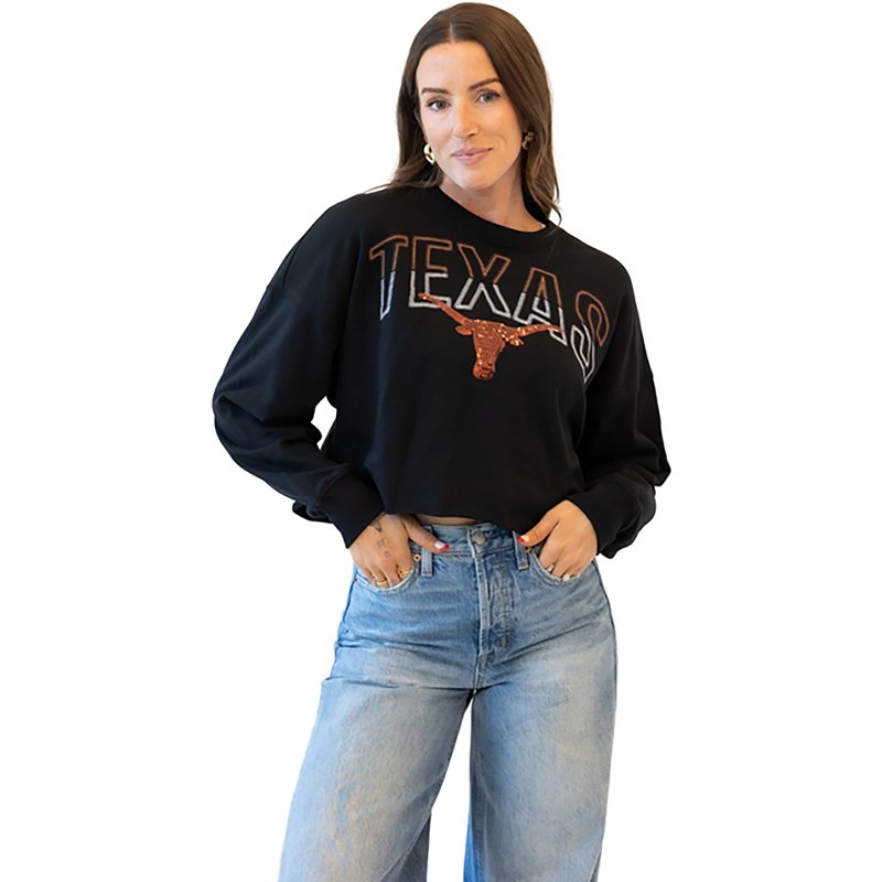Gameday Social Women's University of Texas Starlite Sequin Cropped Long Sleeve Crew