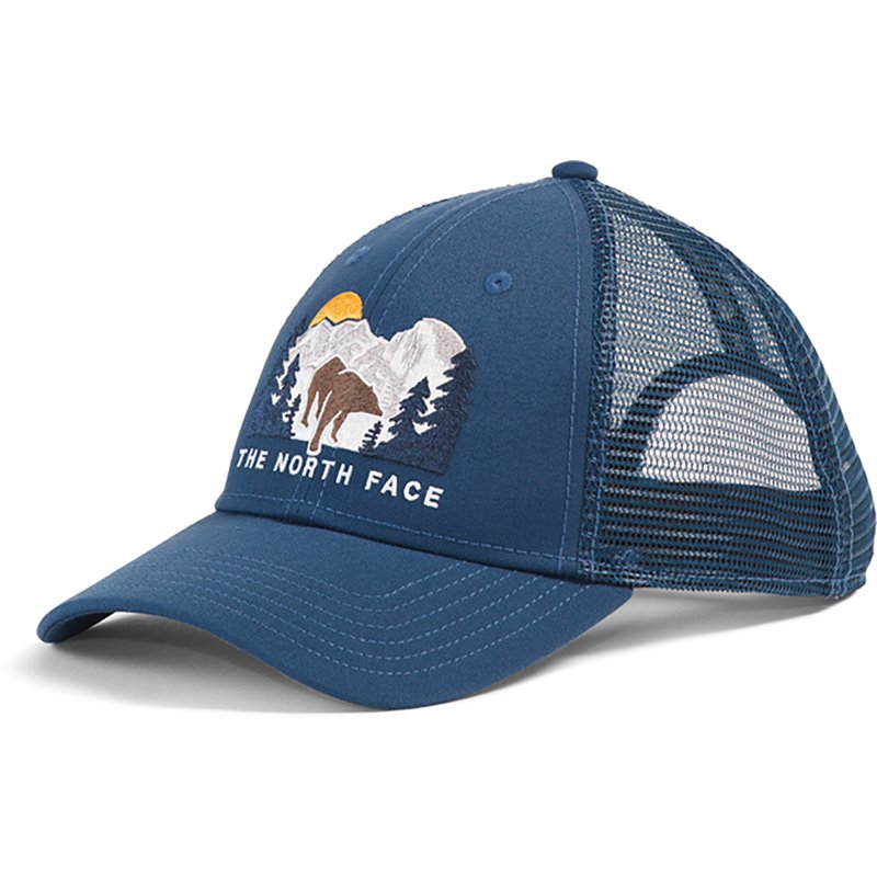 The North Face Embroidered Mudder Trucker Hat: Shady Blue/Bear Graphic