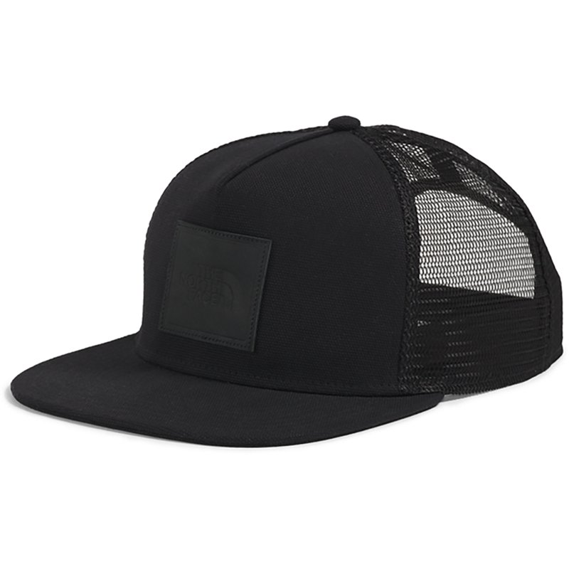 The North Men's Face Half Dome Trucker Hat - Black, Leather patch