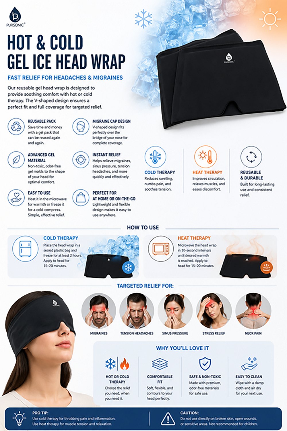 Pursonic Reusable Hot and Cold Gel Ice Head Wrap