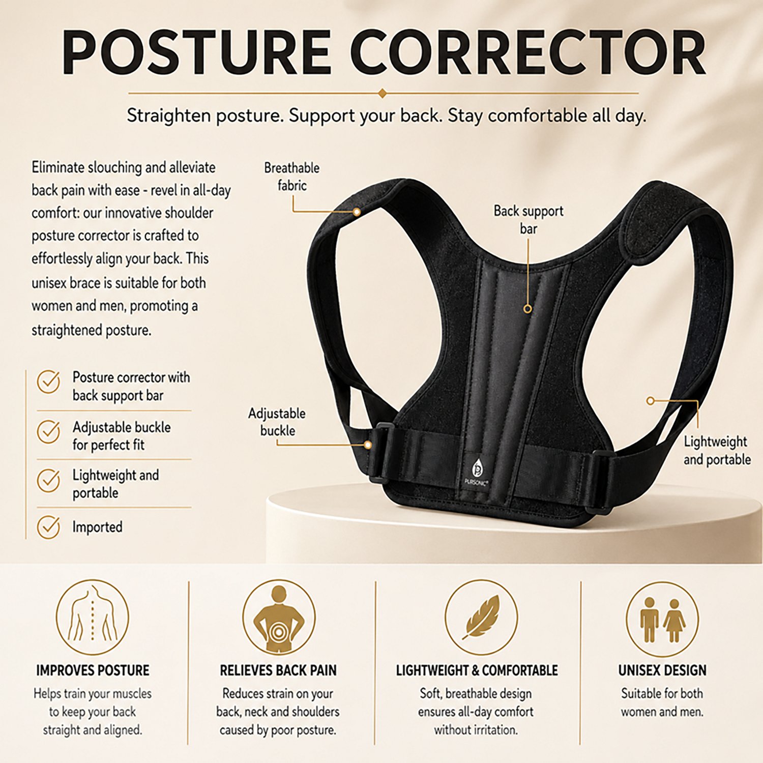 Pursonic Adjustable Posture Corrector with Back Support Bar - view number 4