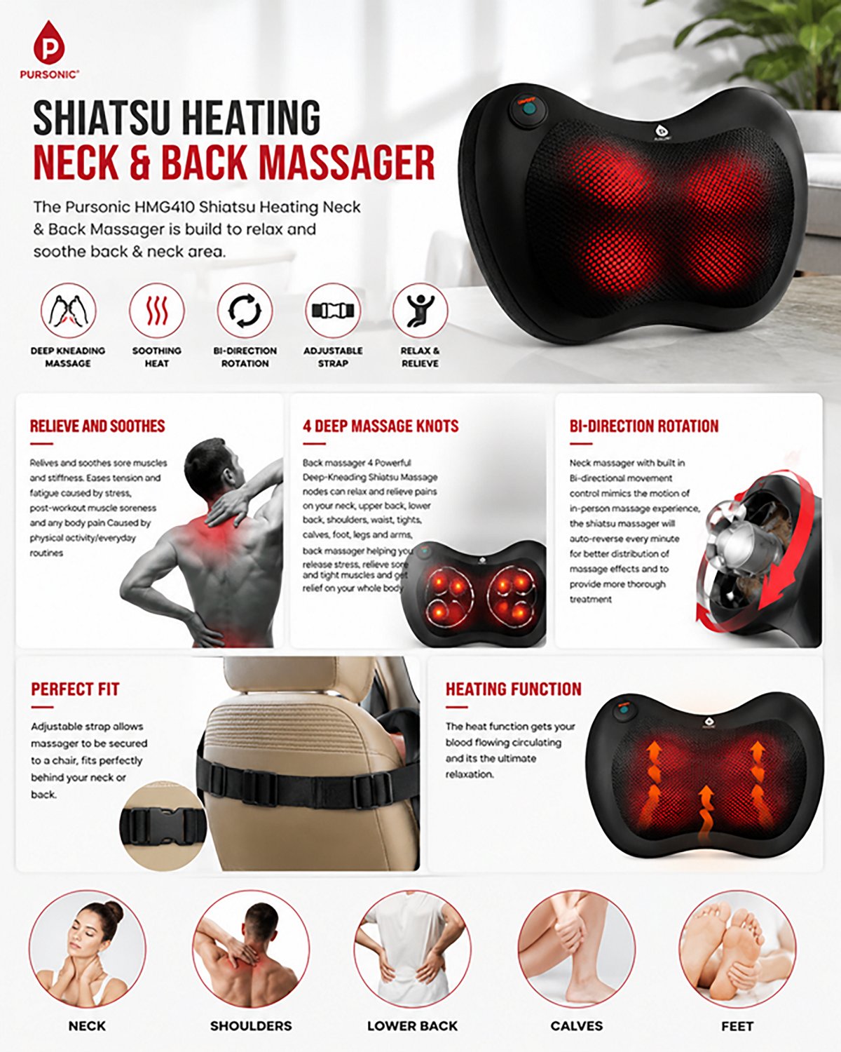 Pursonic HMG410 Shiatsu Heating Neck and Back Massager