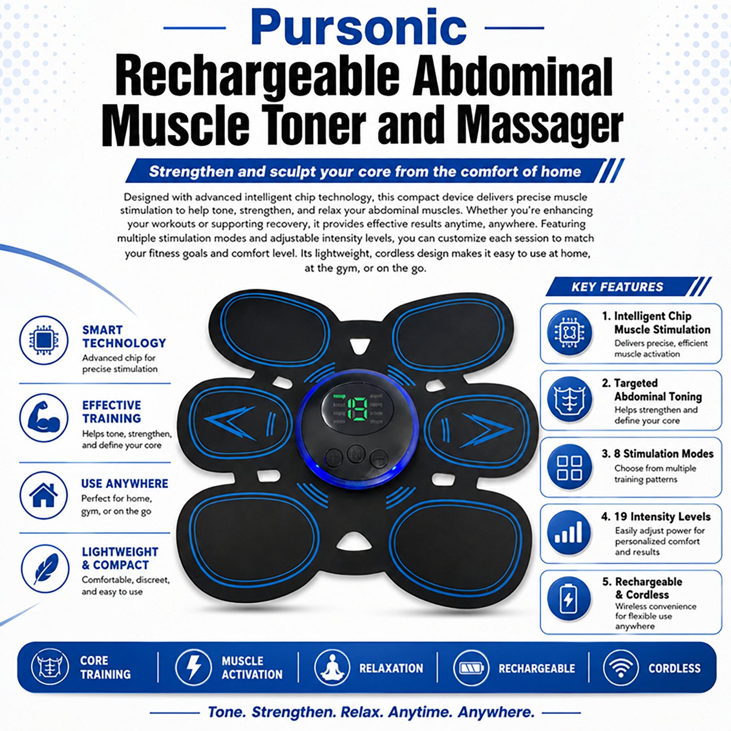 Pursonic Rechargeable Abdominal Muscle Toner and Massager