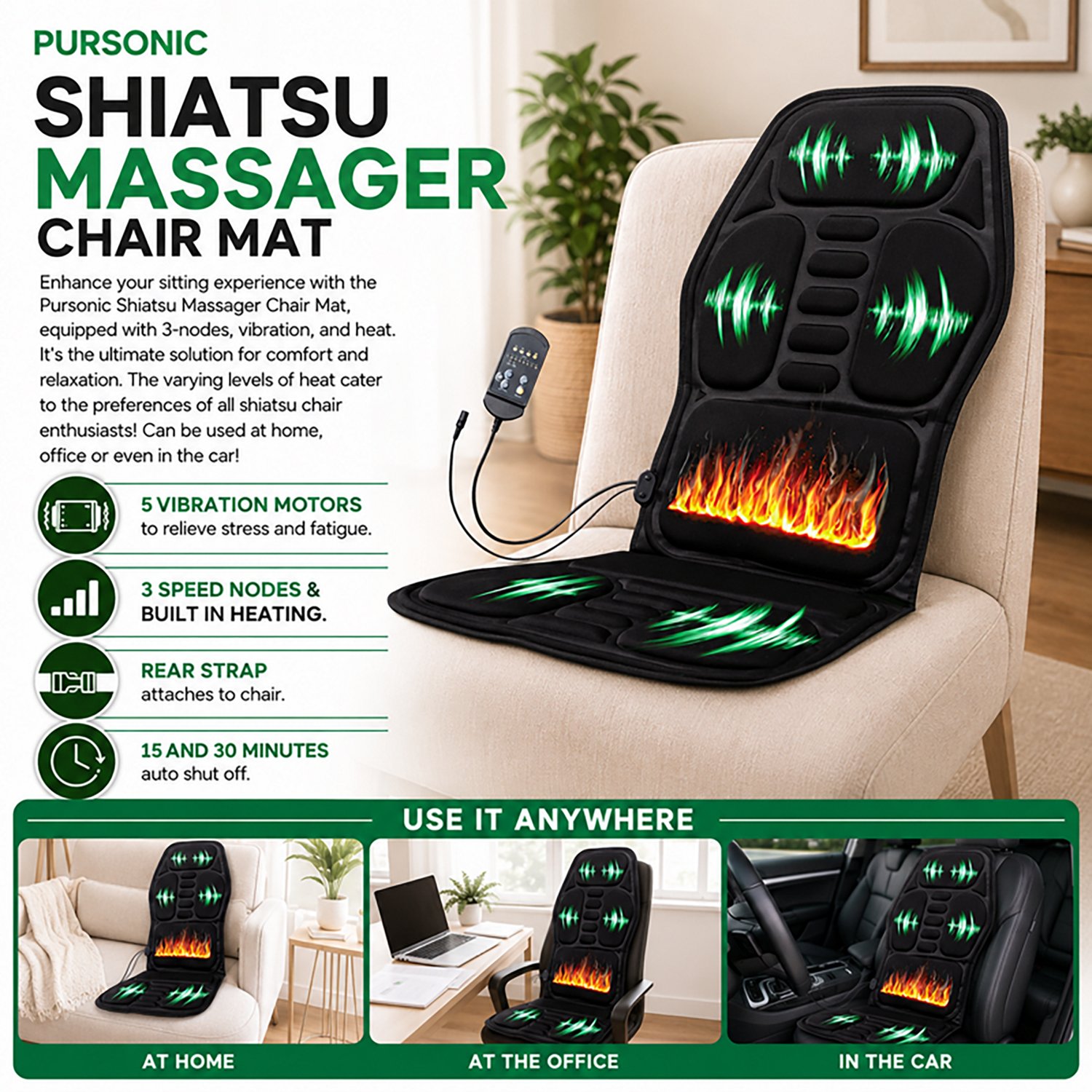 Pursonic Chair Cushion with Heat and Vibration