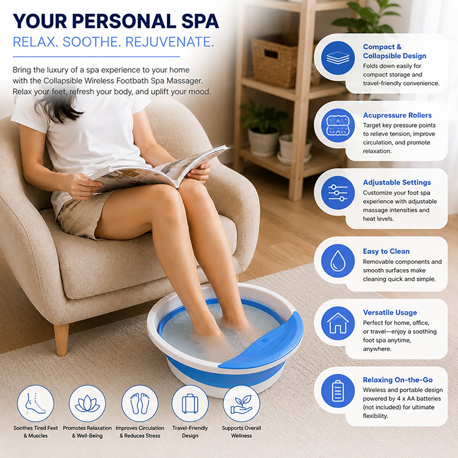 Pursonic Collapsible Wireless Footbath Spa Massager