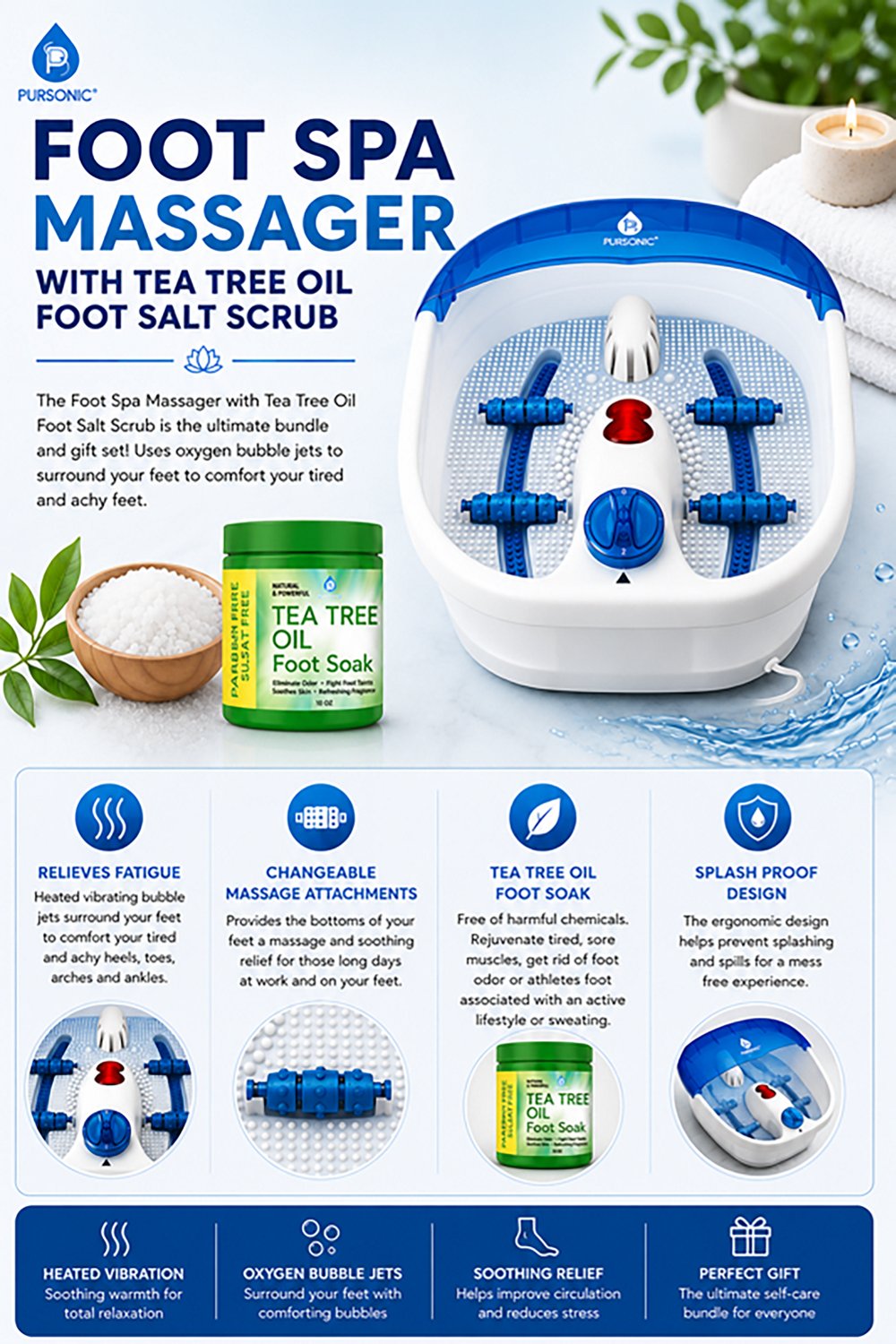 Pursonic Heated Vibrating Foot Spa and Tea Tree Oil Foot Soak
