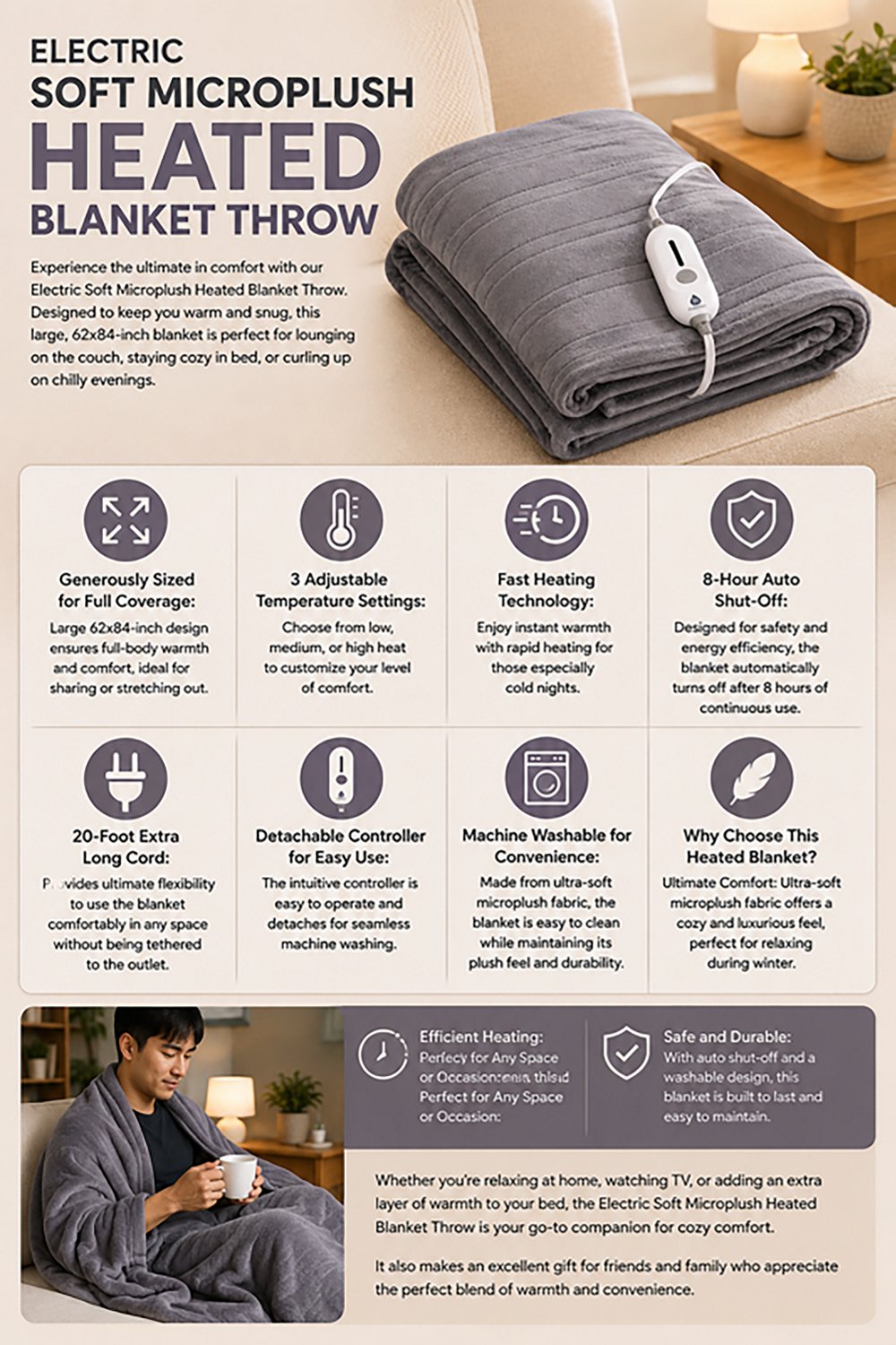 Pursonic Electric Soft Microplush Heated Blanket Throw
