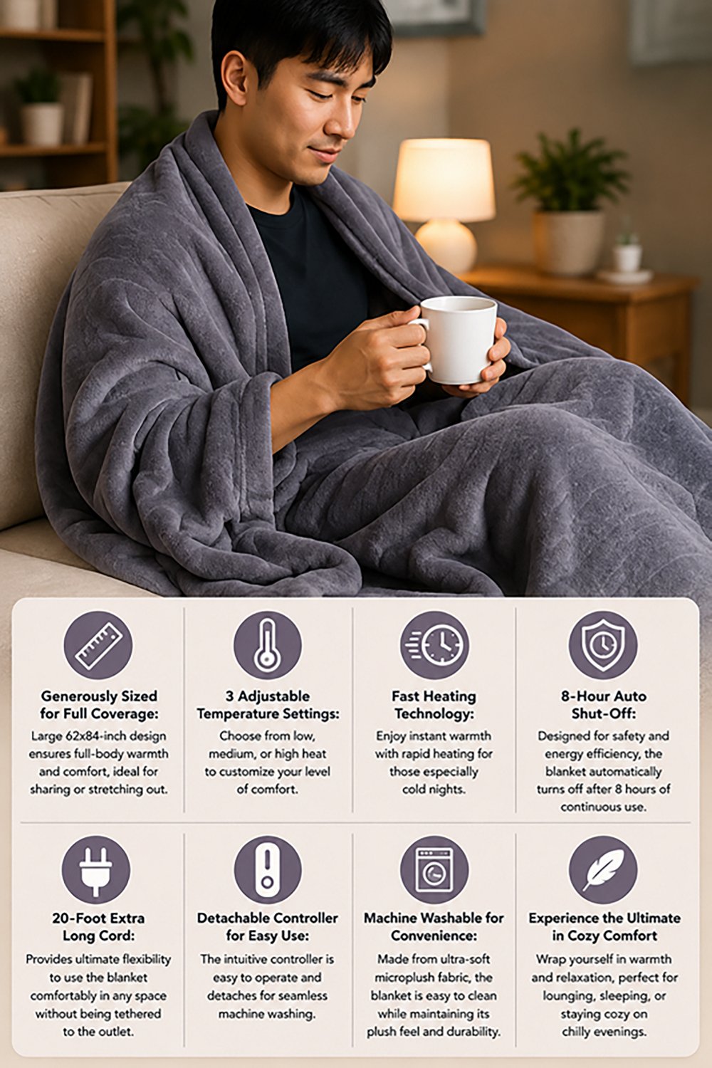 Pursonic Electric Soft Microplush Heated Blanket Throw