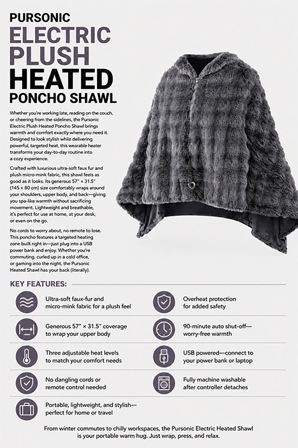Pursonic Electric Plush Heated Poncho Shawl