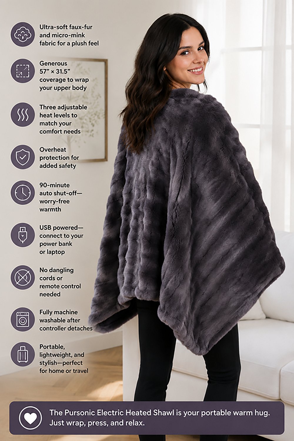 Pursonic Electric Plush Heated Poncho Shawl