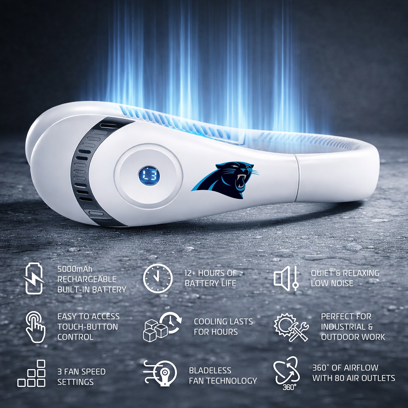 AlphaCool Carolina Panthers Wearable Personal Bladeless Neck Fan