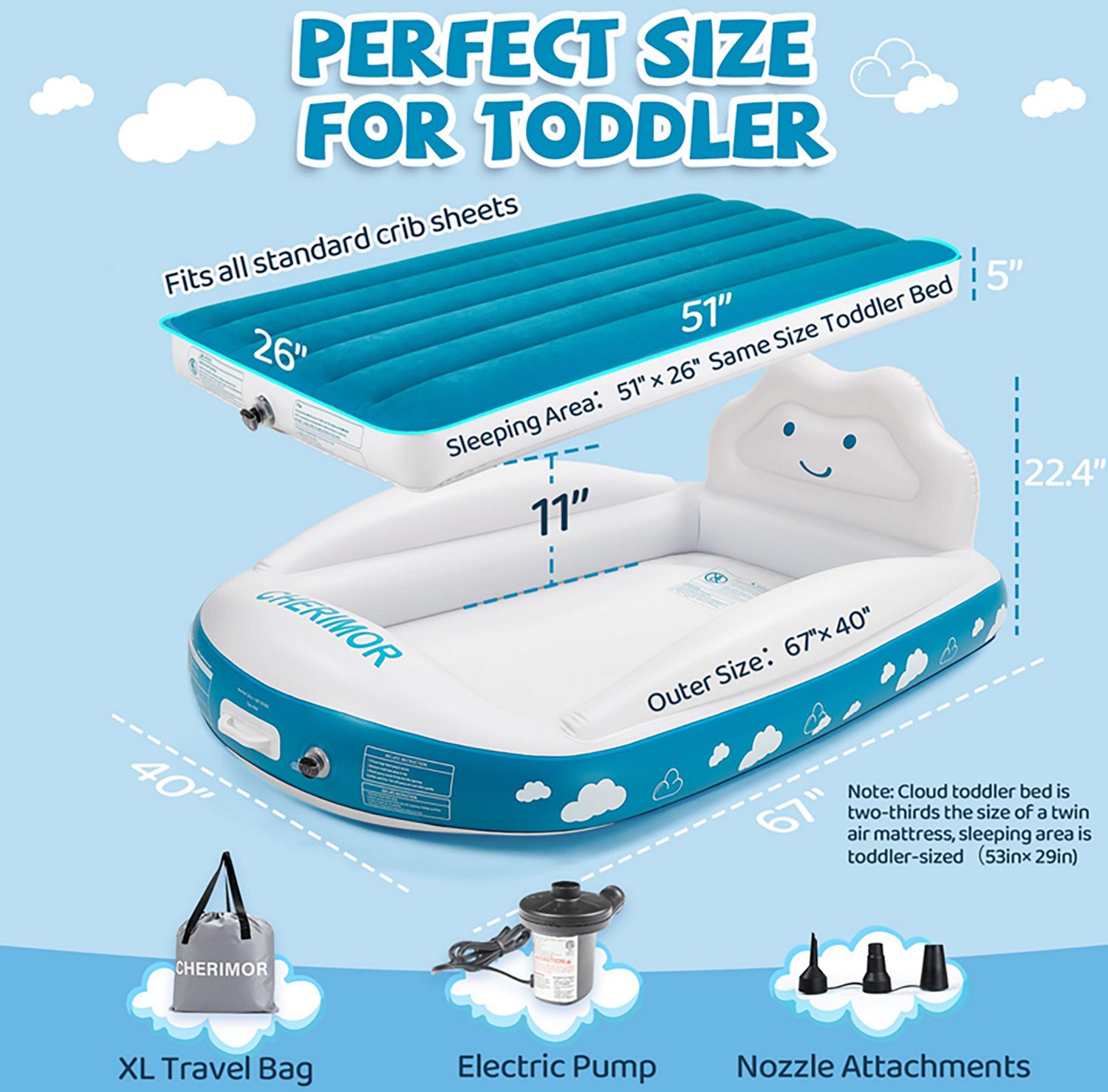 Cherimor 11 in. Toddler Airbed with Electric Pump and Bumpers