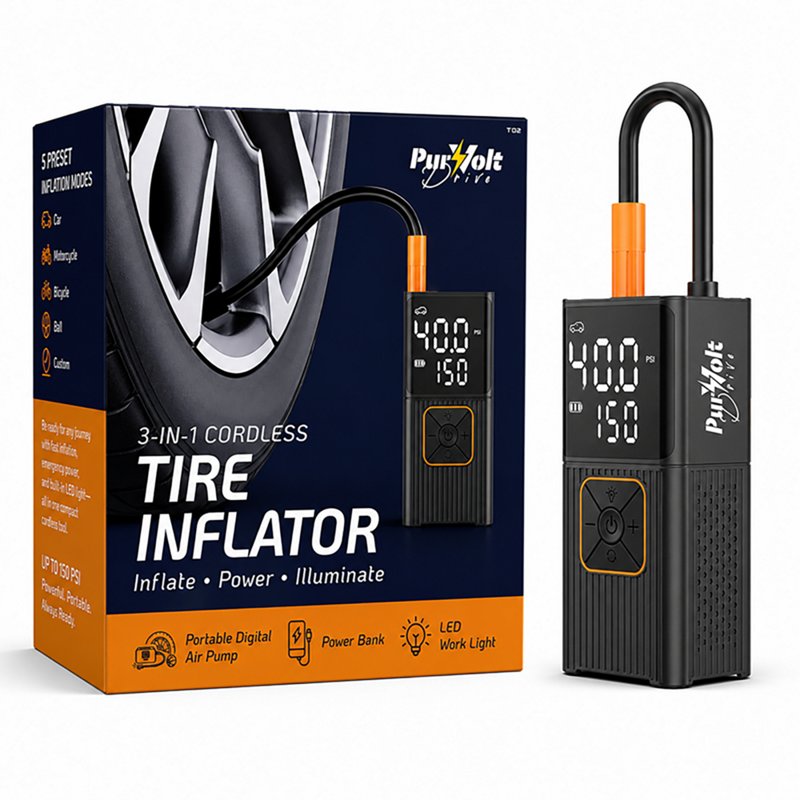 Pursonic 3-in-1 Cordless Tire Inflator- Inflator, Power Bank and Led Light - Black